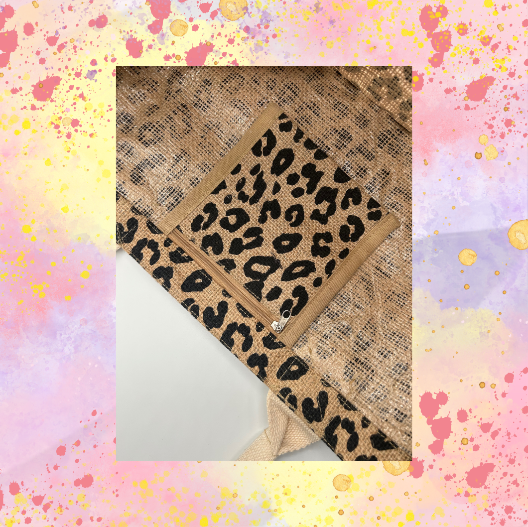 Leopard Print Burlap Tote With Interior Pocket. 18 1/2 by 13 inches
