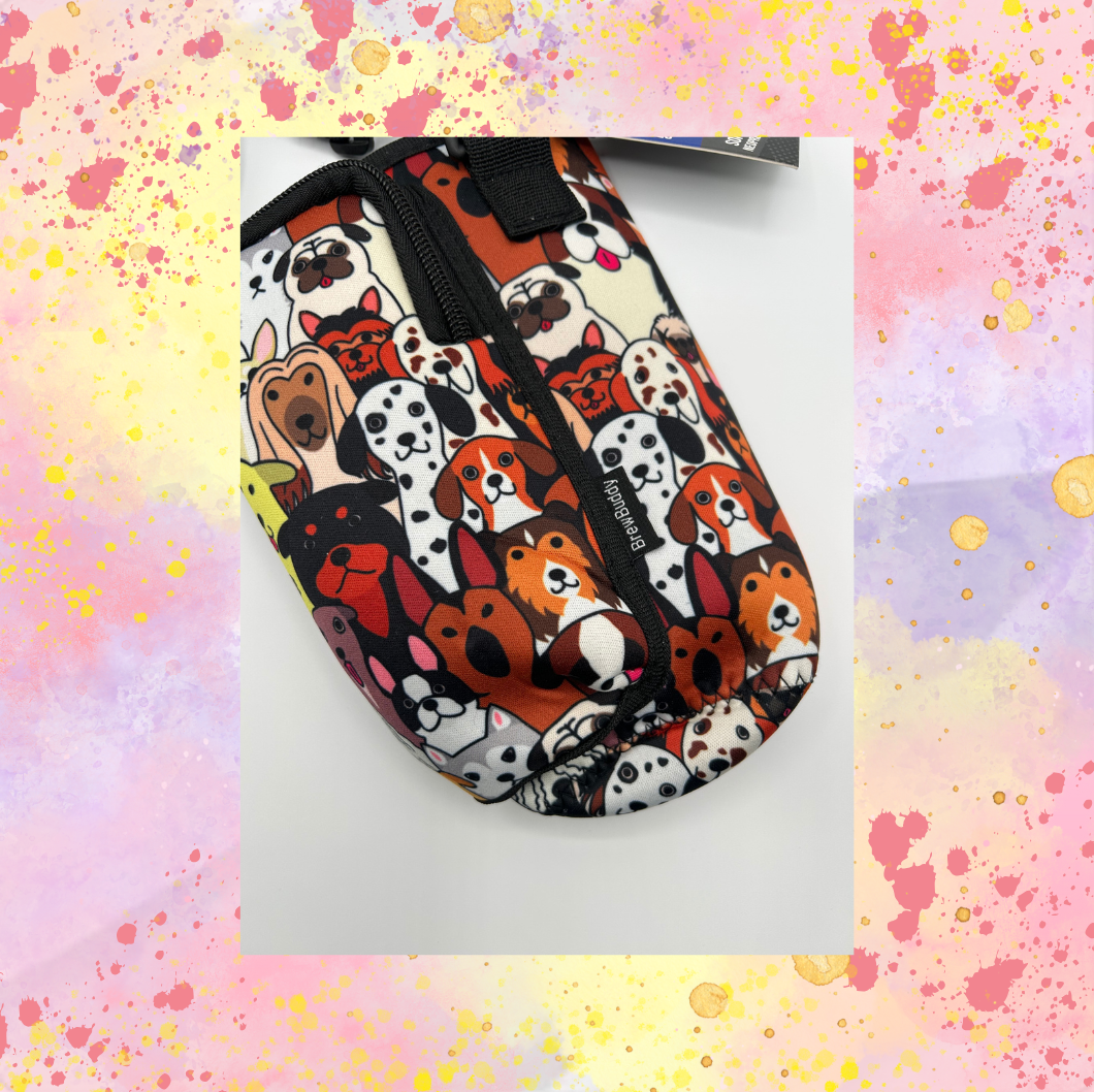 Dog Printed Water Bottle Pouch w/Front Zipper Pocket