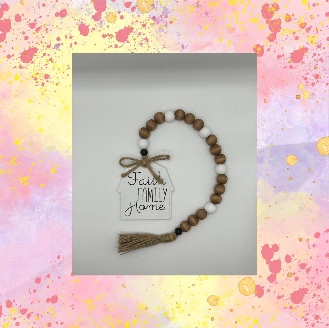 18 x 3 Wood Beaded “Faith, Family, Home”Barn Tag