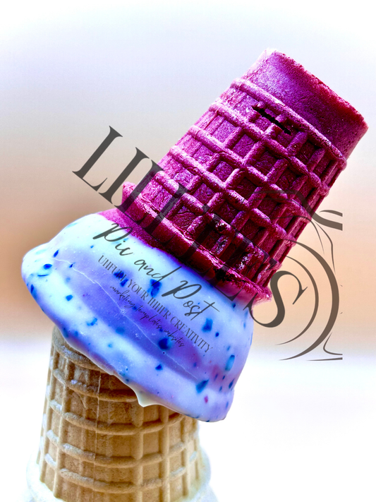 (Variation Three) icing coated. sweet days. red textured, white glazed, blue speckled. (4 by 6 photo)